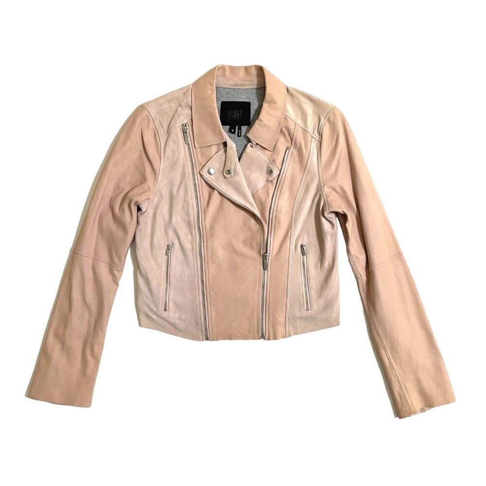 Paige Silvie Leather Moto Jacket Cropped Trim Pink Suede Leather Sz M - Picture 2 of 16